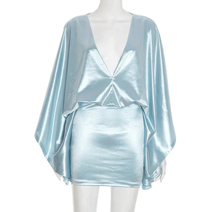 Elegant Sexy Glossy Satin Mini Dress Women Silky V Neck Loose Batwing Sleeve Bodycon Party Outfits Night Clubwear Streetwear