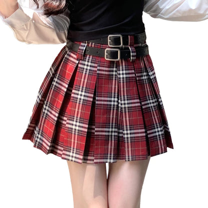 Dual-Belt Plaid Pleated Mini Skirt High Waist Boxy Tartan Skirt Women Teengirl Preppy 90s Y2K Aesthetic Spring Summer Outfit