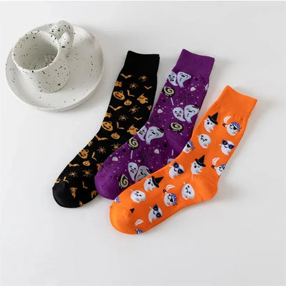 3 Pairs Of Fashionable And Unique Mid-calf Socks With Halloween Patterns,Suit For Men And Women Holiday Wearing