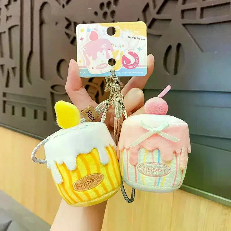 Cute Cartoon Simulation Birthday Cake Pendant Plush Keychain