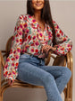 2025 Spring/Summer Fashion Printed Blouse for Women New V-neck Ruffle Top Casual Loose Lantern Sleeve Shirt Office Lady Blouses