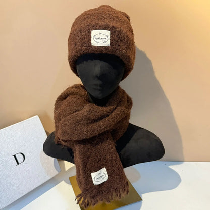 Outdoor Winter Hat and Scarf Set Soft Lamb Wool Knit Beanie with Ear Flaps Warm Scarf for Women Cold Weather Protection