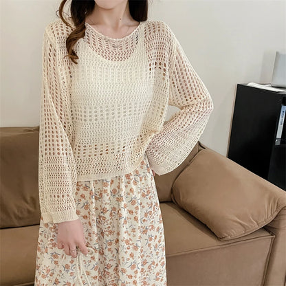 Sheer Mesh Top Women Fishnet Long Sleeve O-neck Pullover Open-Knit Crochet Top Laides Spring Summer Cover Up Casual Outfit