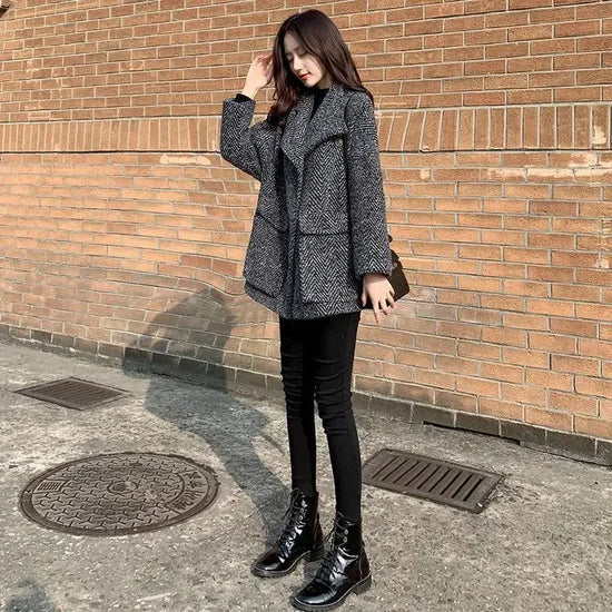 Blazer Woman Jacket Black Dress Wool & Blend Clothes Over Outerwears Long Coats for Women Slim Plaid Tweed Warm Velvet Check