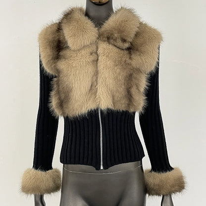 2025 Eco-friendly Sweater Cardigan Women Faux Fur Collar Knitwear Cuddly Designer Knitted Autumn Warm Faux Fur Patchwork Clothe