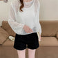 Sheer Mesh Top Women Fishnet Long Sleeve O-neck Pullover Open-Knit Crochet Top Laides Spring Summer Cover Up Casual Outfit
