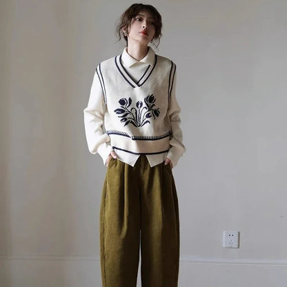 Graphic Knitted Top for Women Striped White Ladies Sweaters V-neck Vest Trend 2025 Crochet Autumn Winter Y2k Fashion Korea Sale