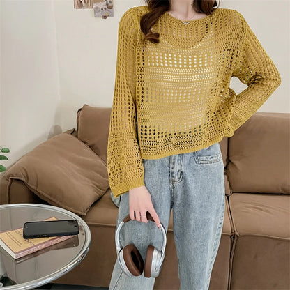 Sheer Mesh Top Women Fishnet Long Sleeve O-neck Pullover Open-Knit Crochet Top Laides Spring Summer Cover Up Casual Outfit